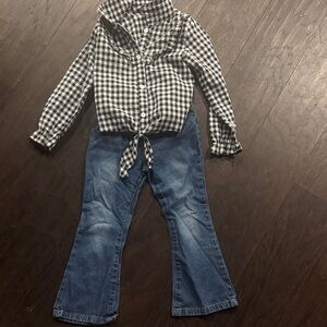 2 piece Checkered Button-Up Shirt and Flared Jeans Set